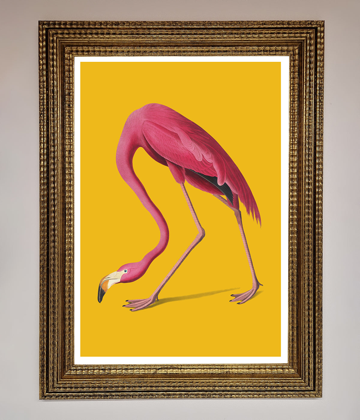 Pink Flamingo on Yellow Framed Print artwork.