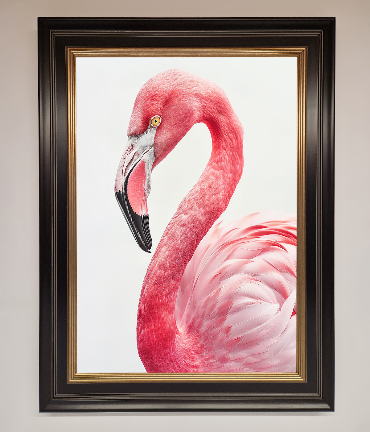 Pink Flamingo Stare Framed Print in elegant frame, enhancing home or office decor with vibrant color.