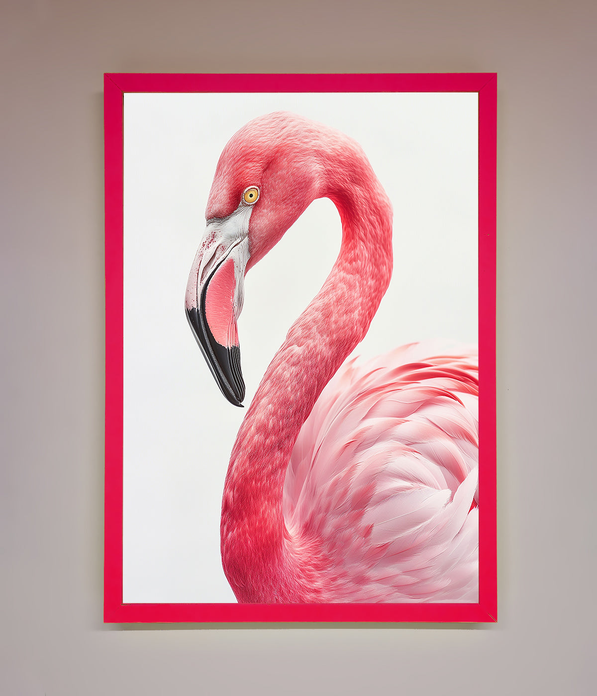 Pink Flamingo Stare Framed Print with elegant and colorful design.