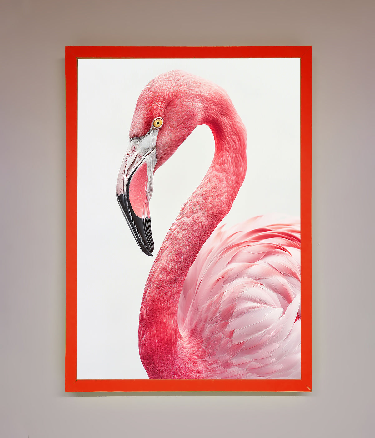 Pink Flamingo Stare Framed Print with vibrant colors and elegant design.