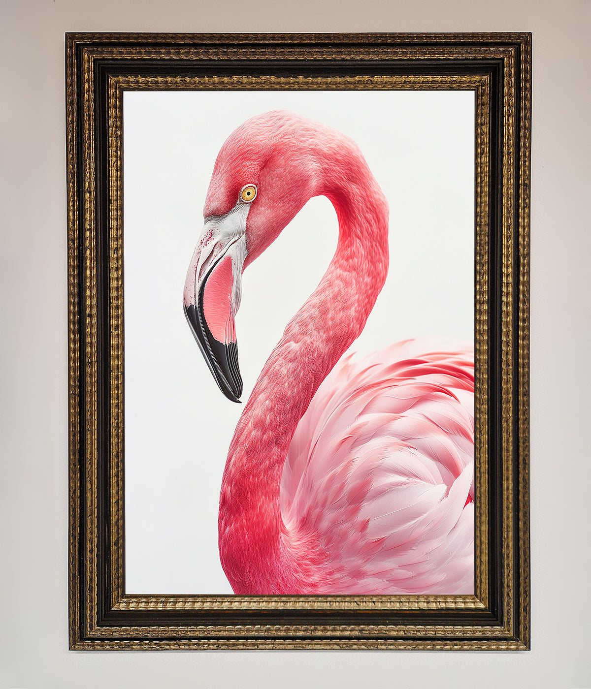 Pink Flamingo Stare Framed Print in elegant frame, adding color and whimsy to decor.