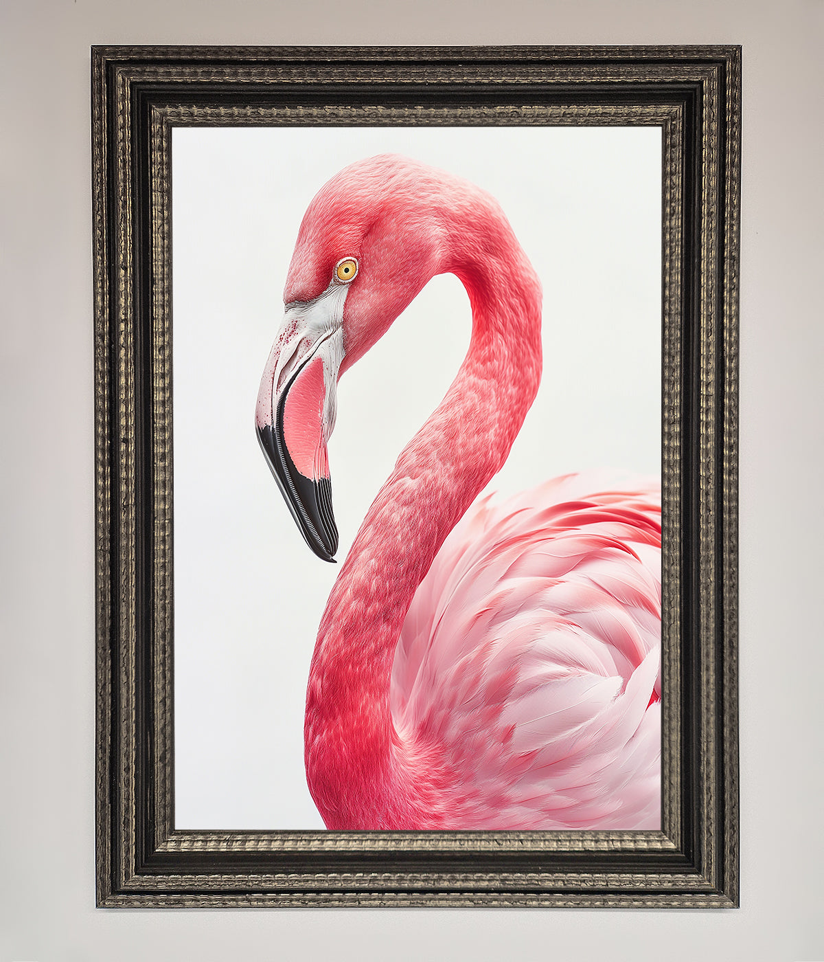 Pink Flamingo Stare Framed Print showcasing elegant flamingo art.