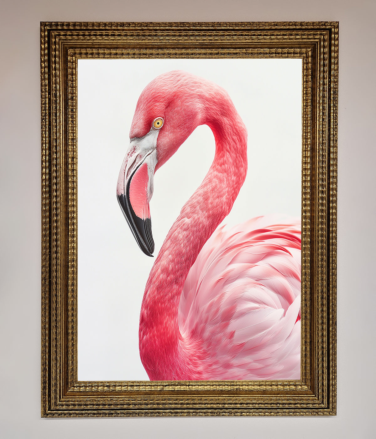 Pink Flamingo Stare framed print with elegant design adding color and whimsy to decor.