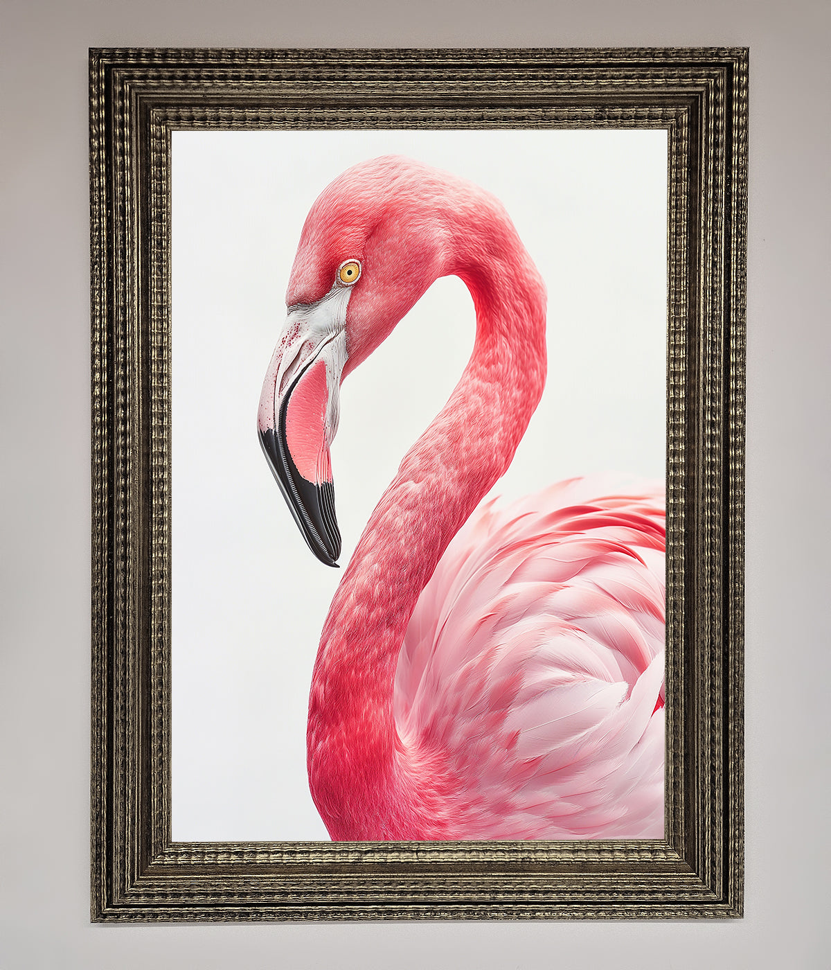 Pink Flamingo Stare Framed Print, elegant art piece for home or office decor.