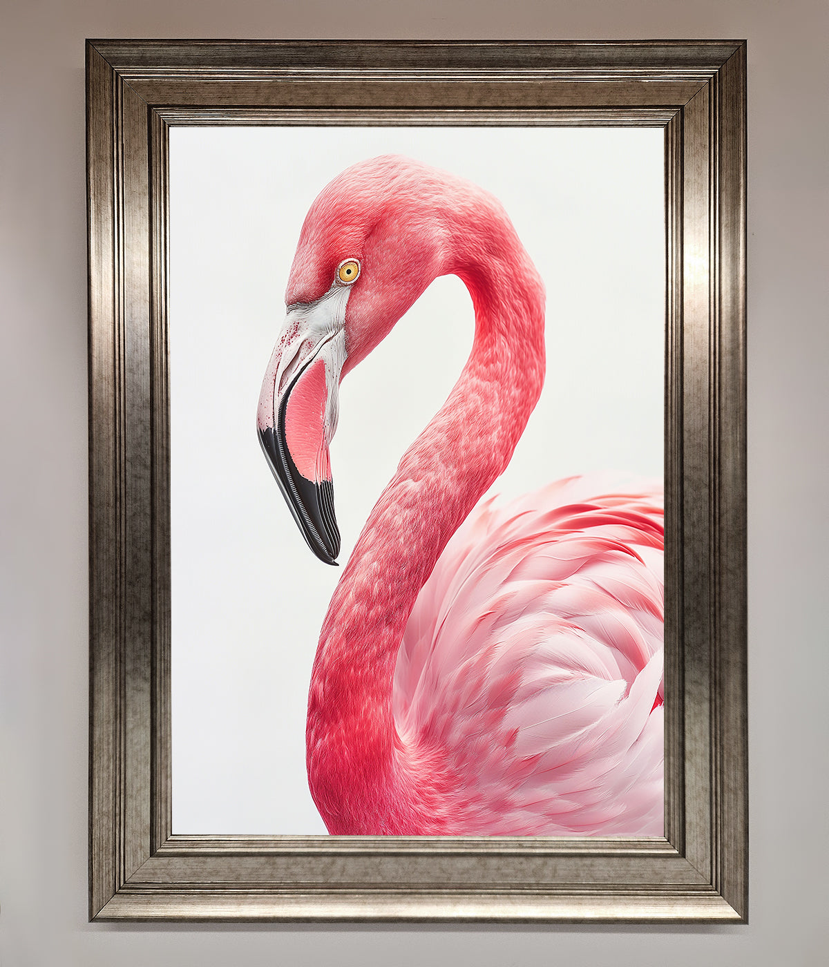 Pink Flamingo Stare Framed Print, elegant art for home or office decor.