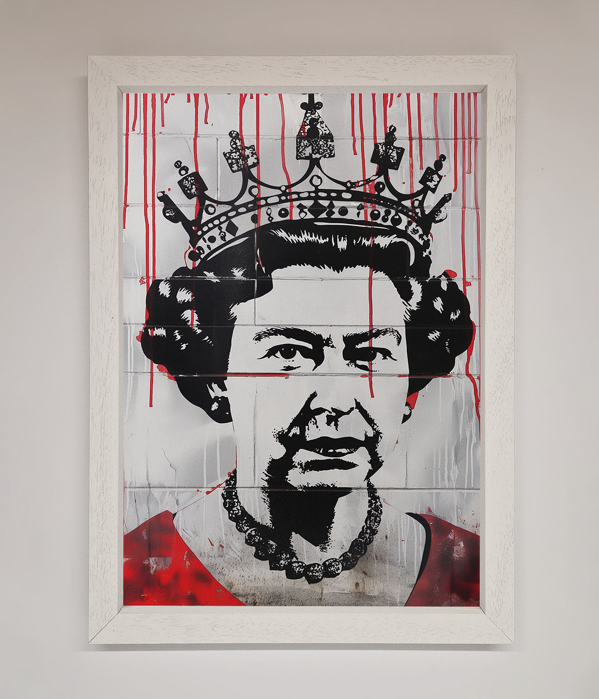 Queen Elizabeth Graffiti Red Blood Framed Poster with edgy street art and elegant royal theme.