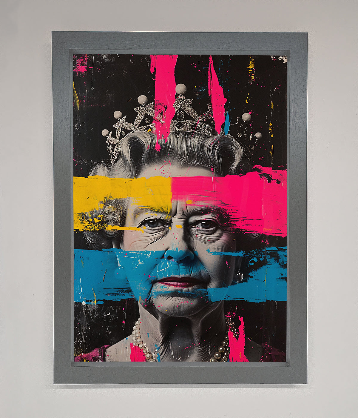 Queen Elizabeth paint splatter framed wall art with vibrant colors and modern design.