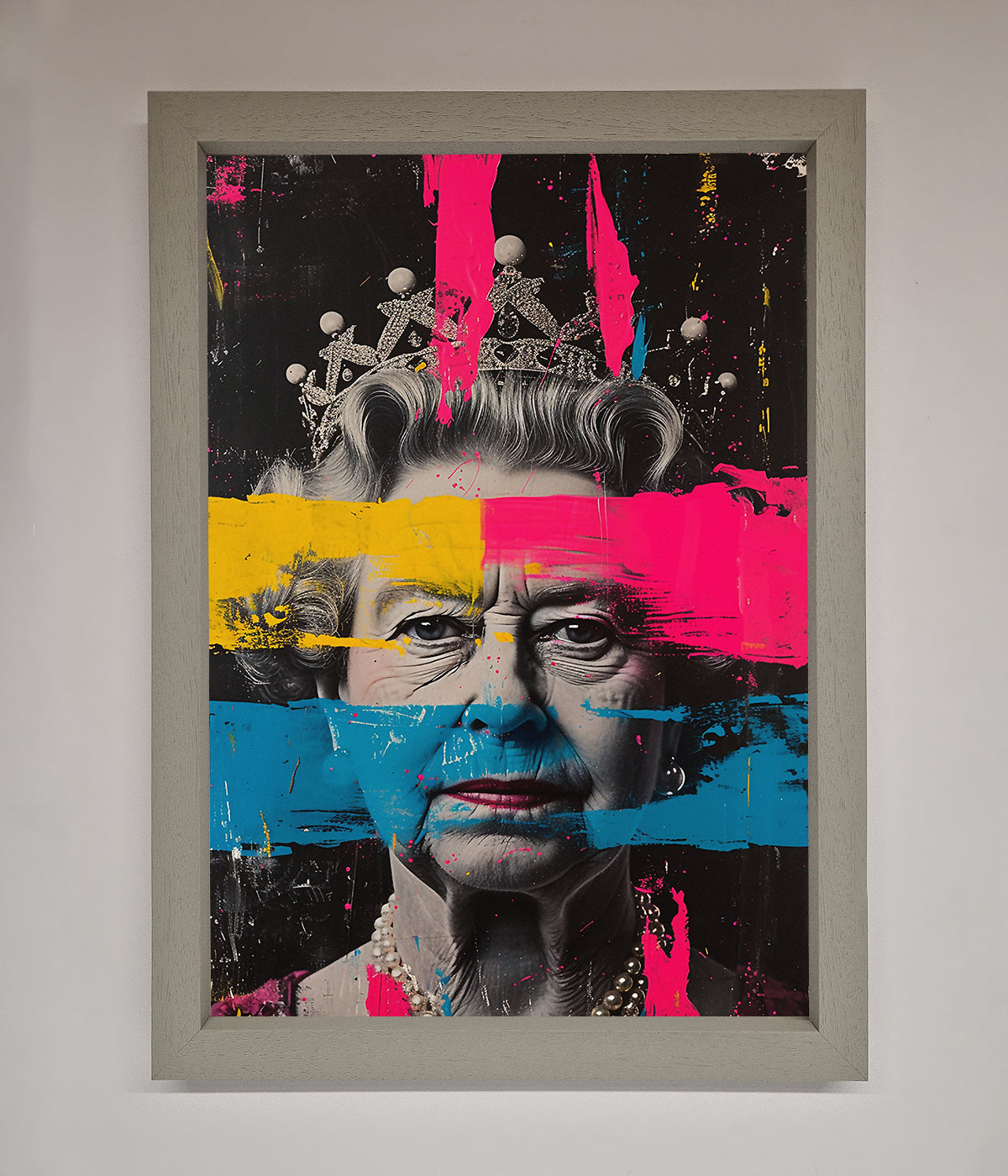 Queen Elizabeth paint splatter framed wall art, vibrant and modern design.