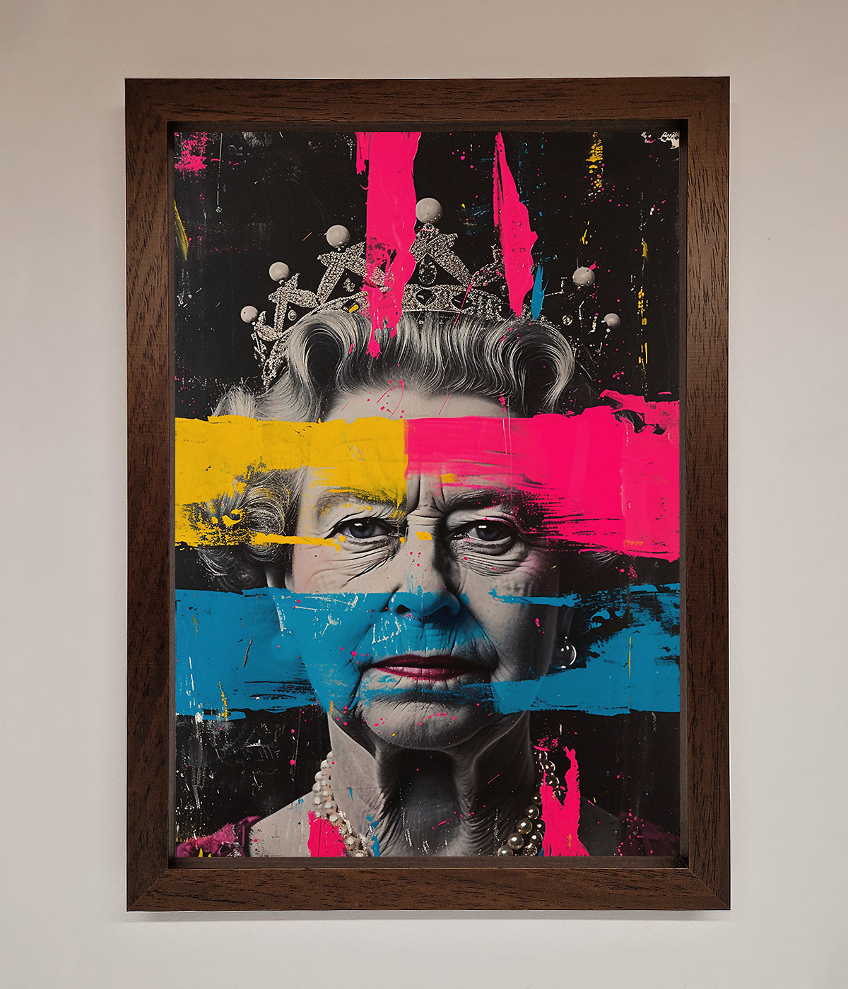 Queen Elizabeth paint splatter framed wall art, vibrant and contemporary decor.