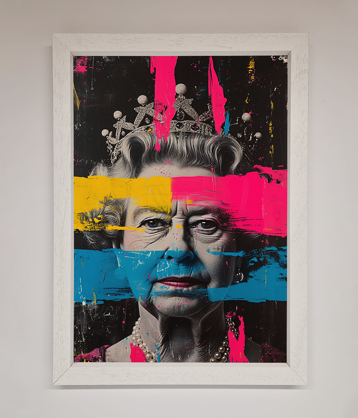 Queen Elizabeth paint splatter framed wall art in vibrant colors.