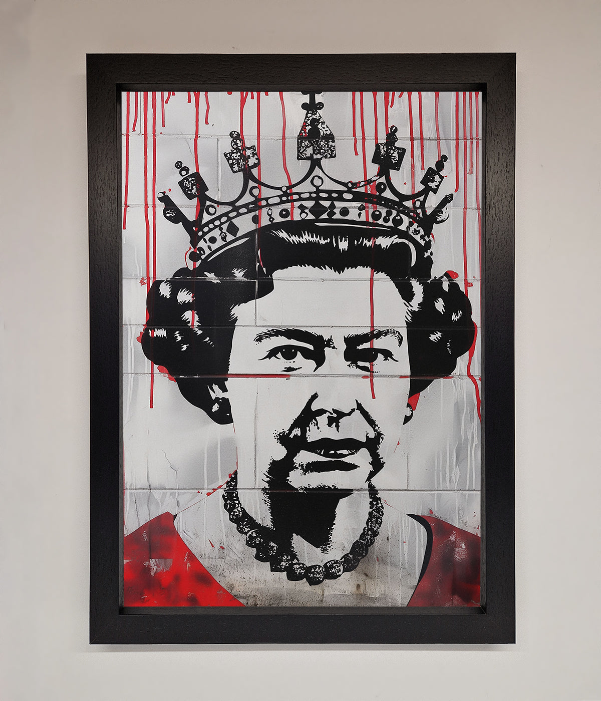 Queen Elizabeth graffiti red blood framed poster with urban street art style.