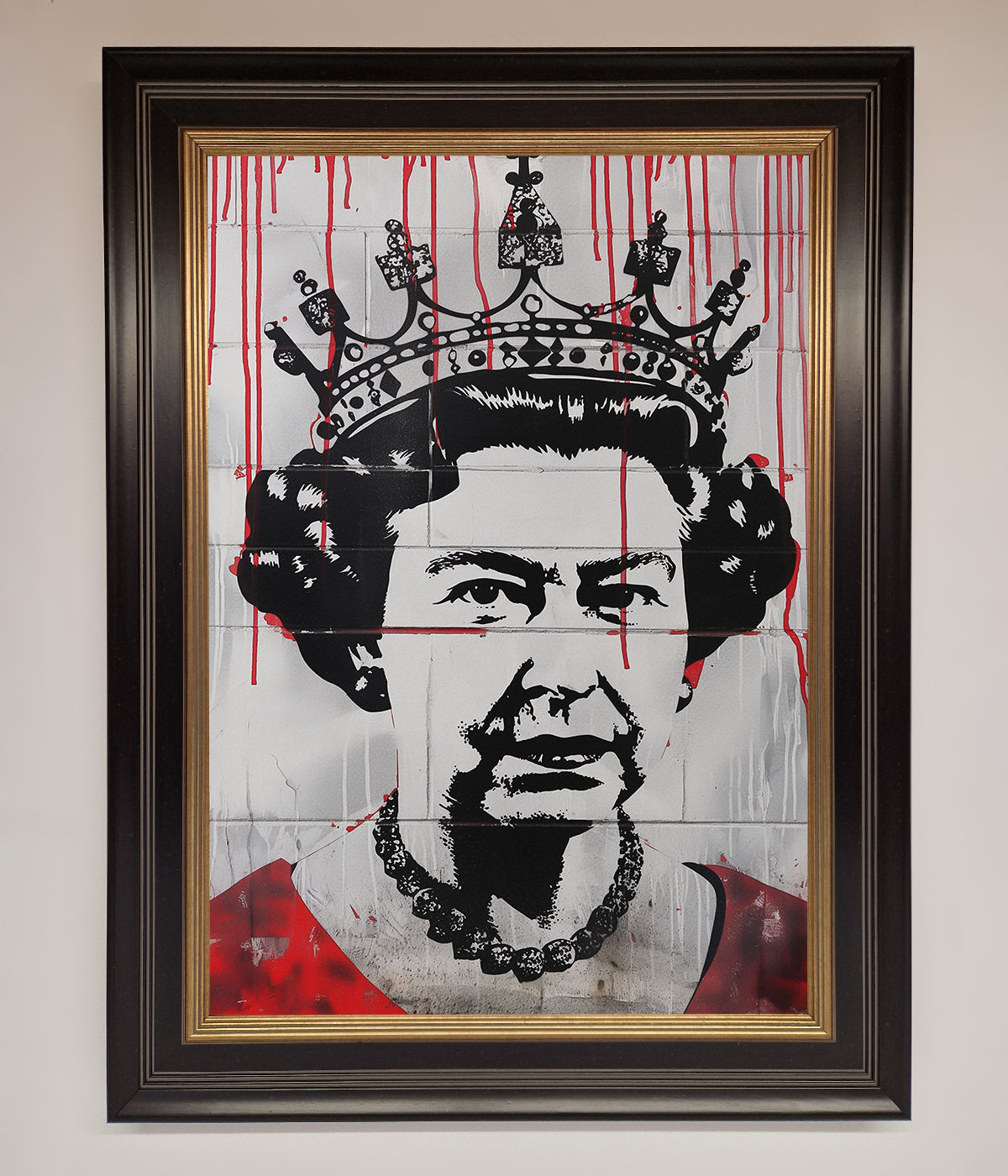 Queen Elizabeth Graffiti Red Blood Framed Poster, urban street art, customizable decor.