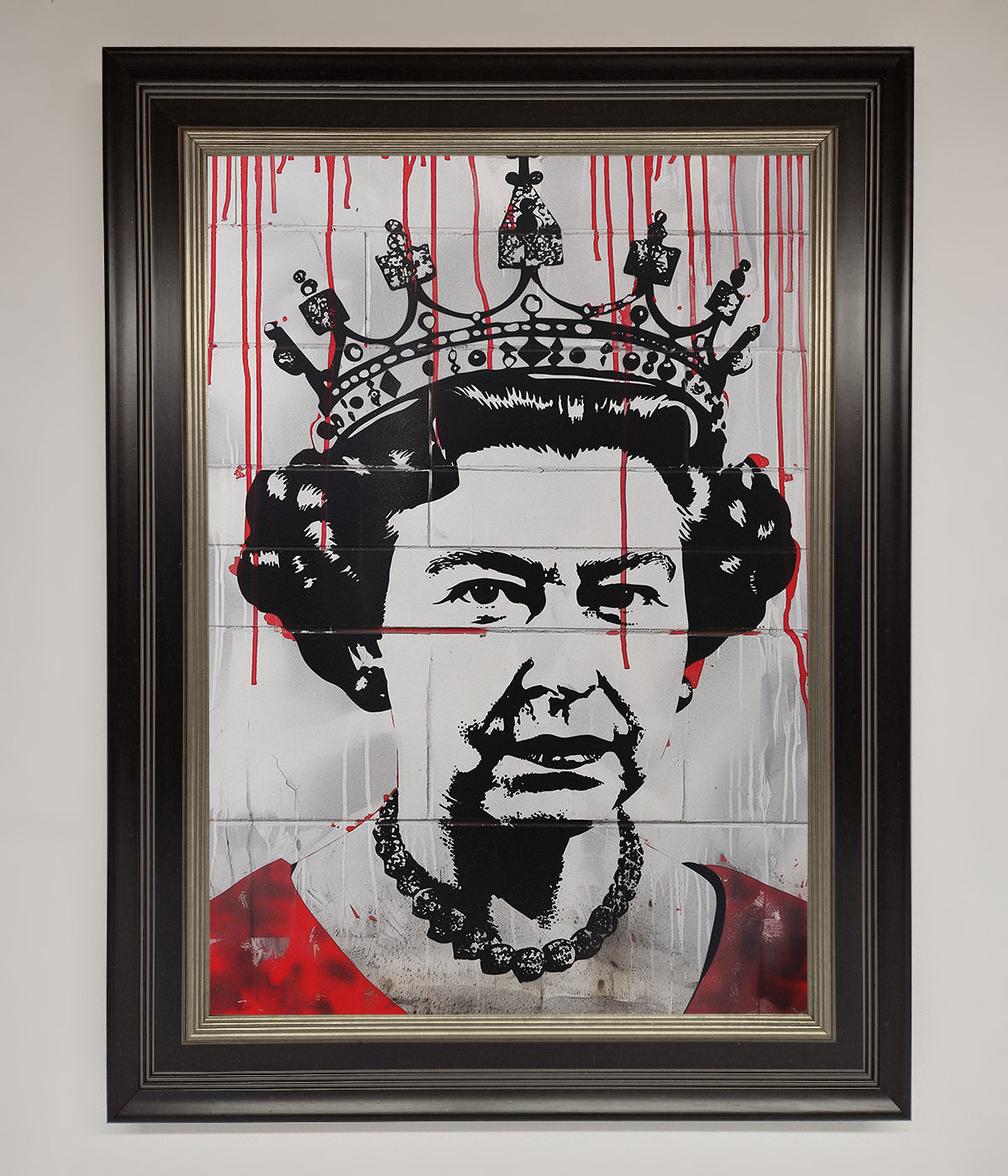 Queen Elizabeth graffiti red blood framed poster, urban street art style.