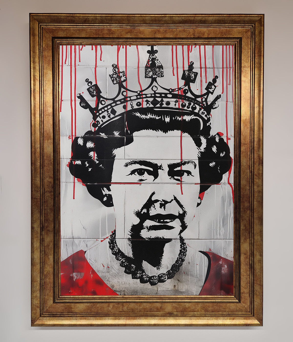 Queen Elizabeth graffiti poster with red blood design in a framed art piece.