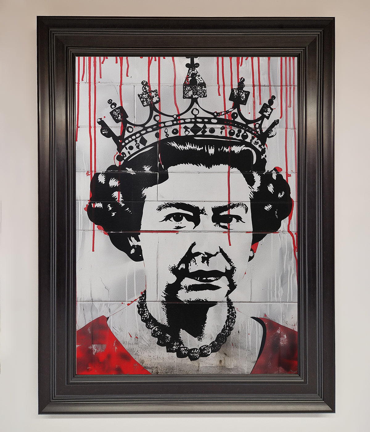 Queen Elizabeth graffiti red blood framed poster, urban street art decor.