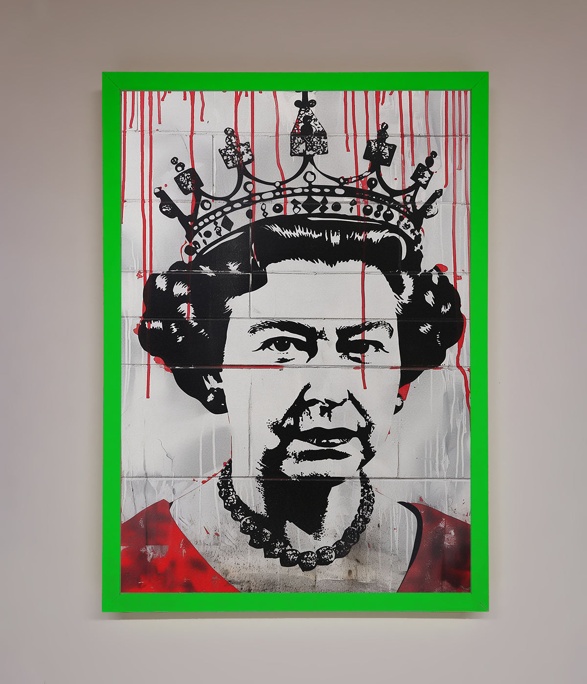 Queen Elizabeth Graffiti Red Blood Framed Poster with green border.