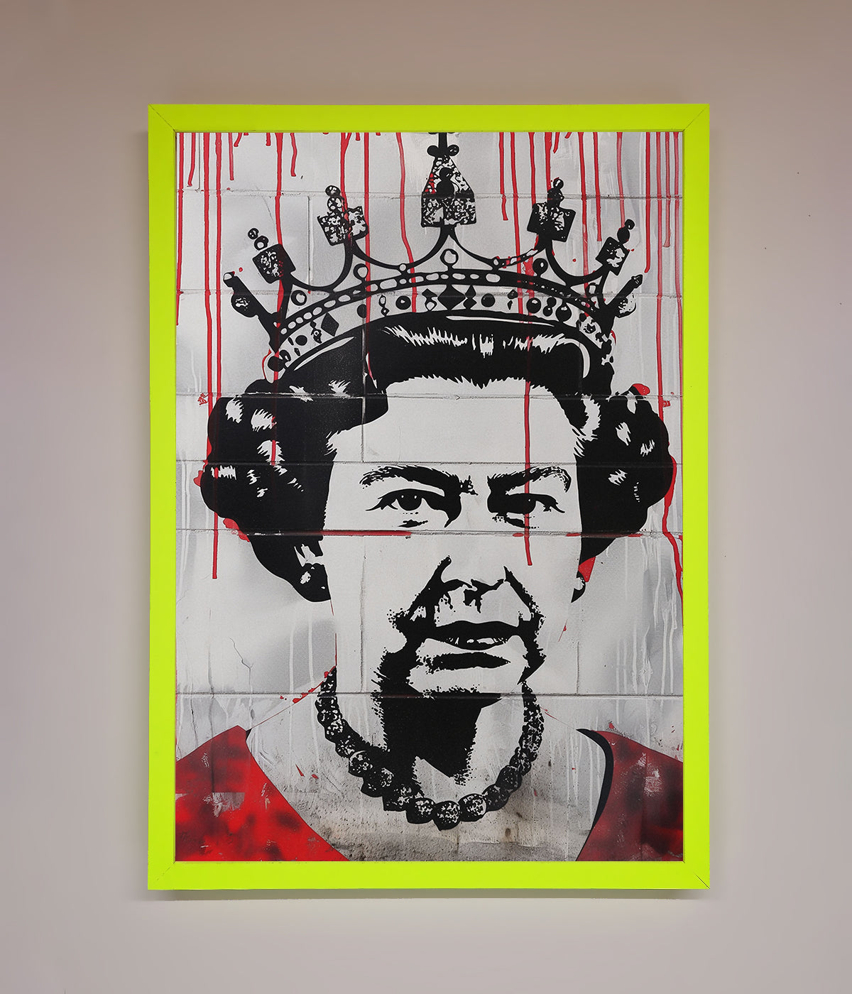 Queen Elizabeth graffiti art poster in vibrant frame with red accents.