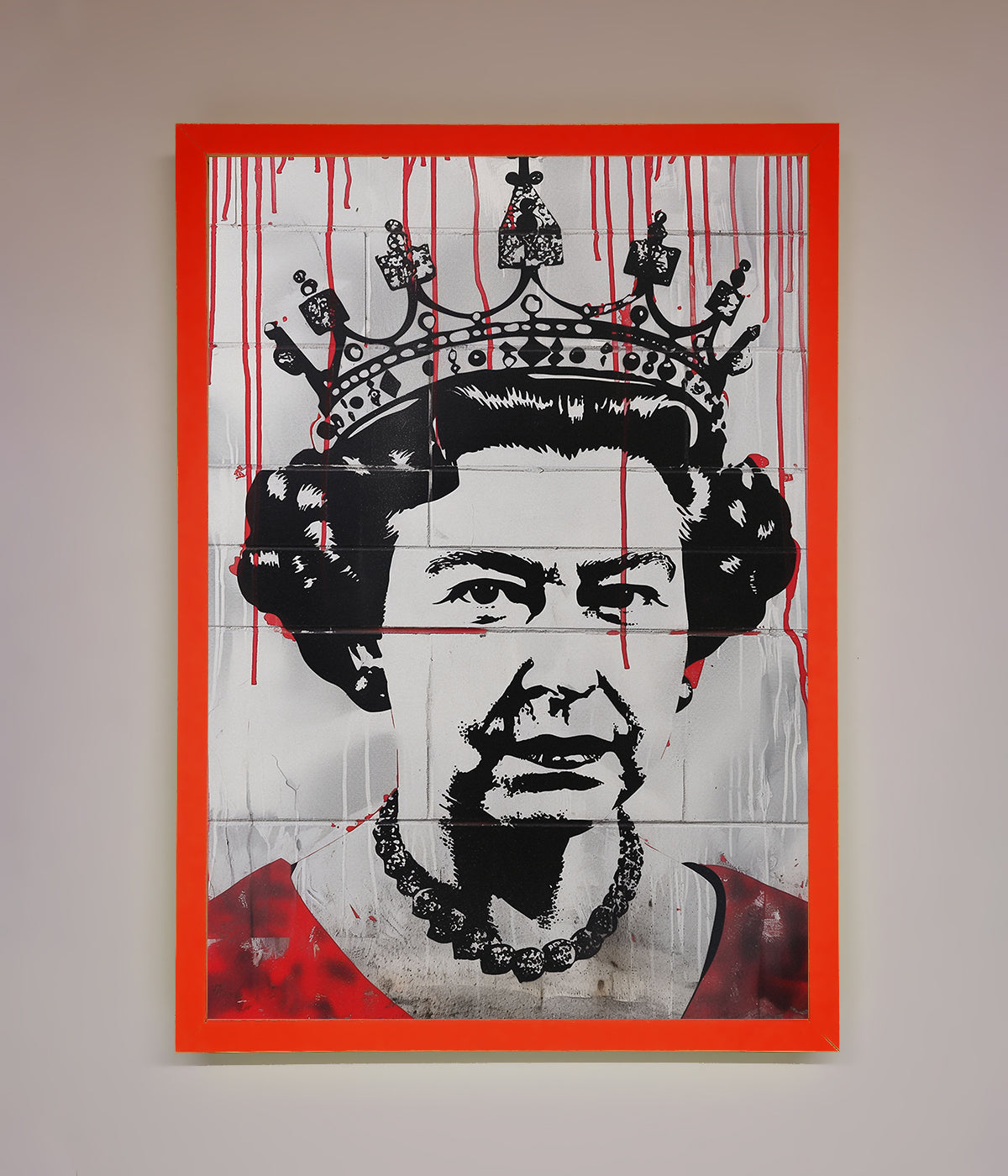 Queen Elizabeth graffiti red blood framed poster with crown design and urban art style.