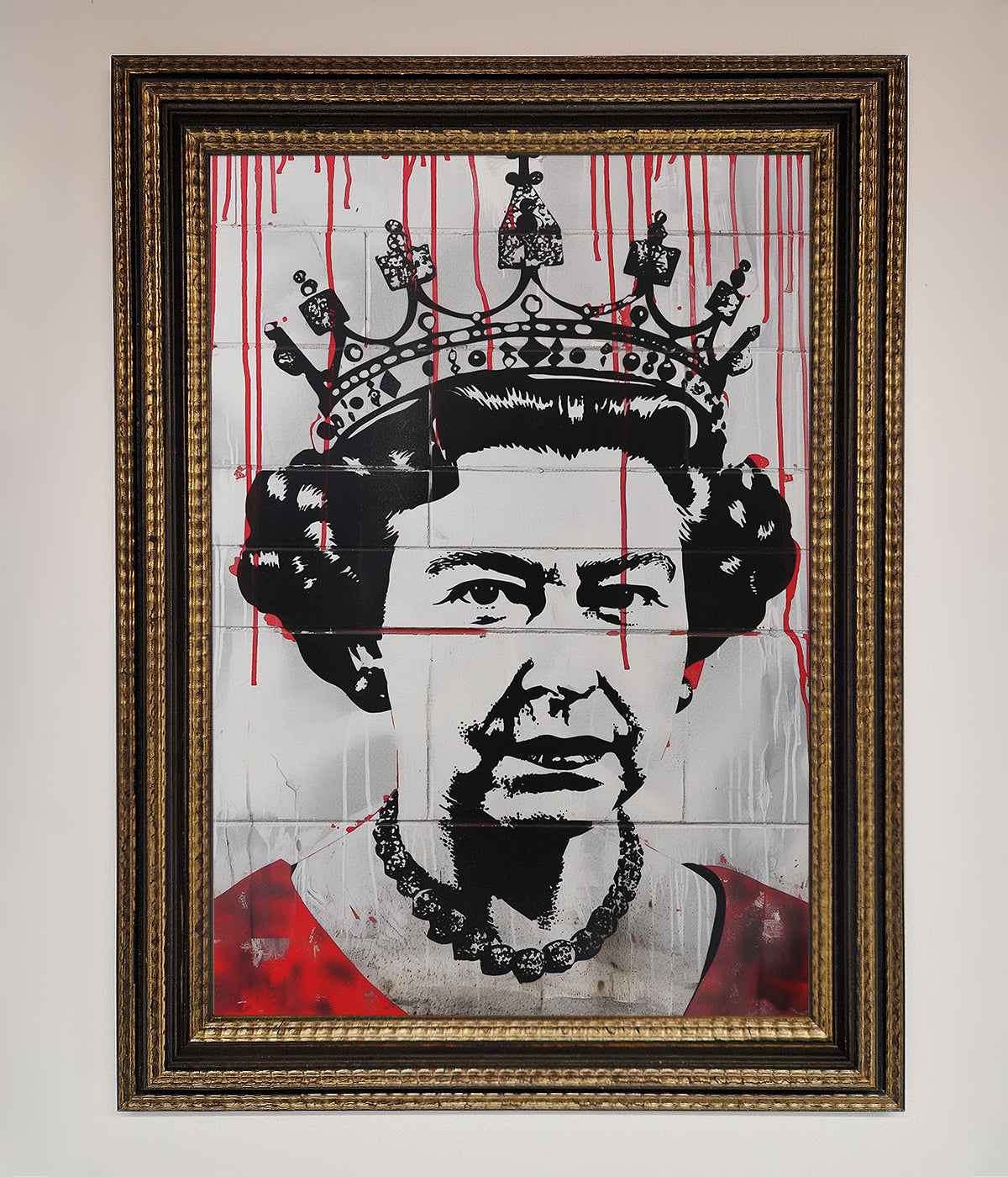 Queen Elizabeth graffiti poster with red blood design in ornate frame.