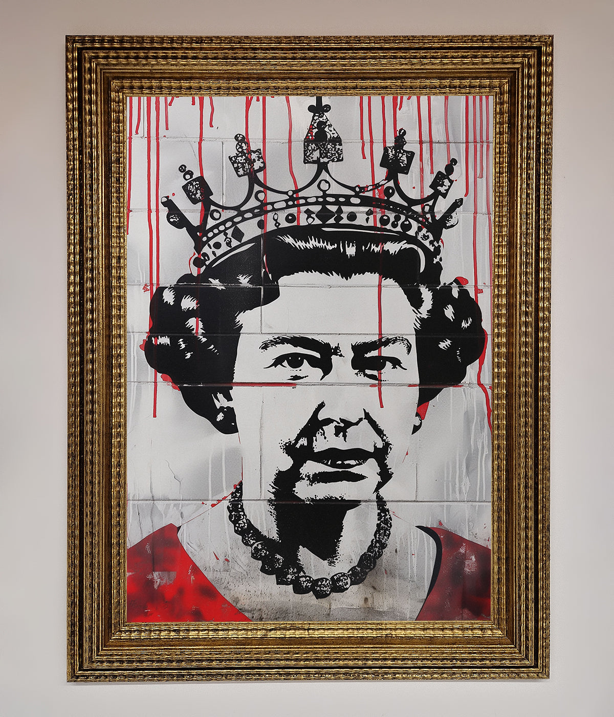 Queen Elizabeth graffiti art with red drips in a decorative frame.