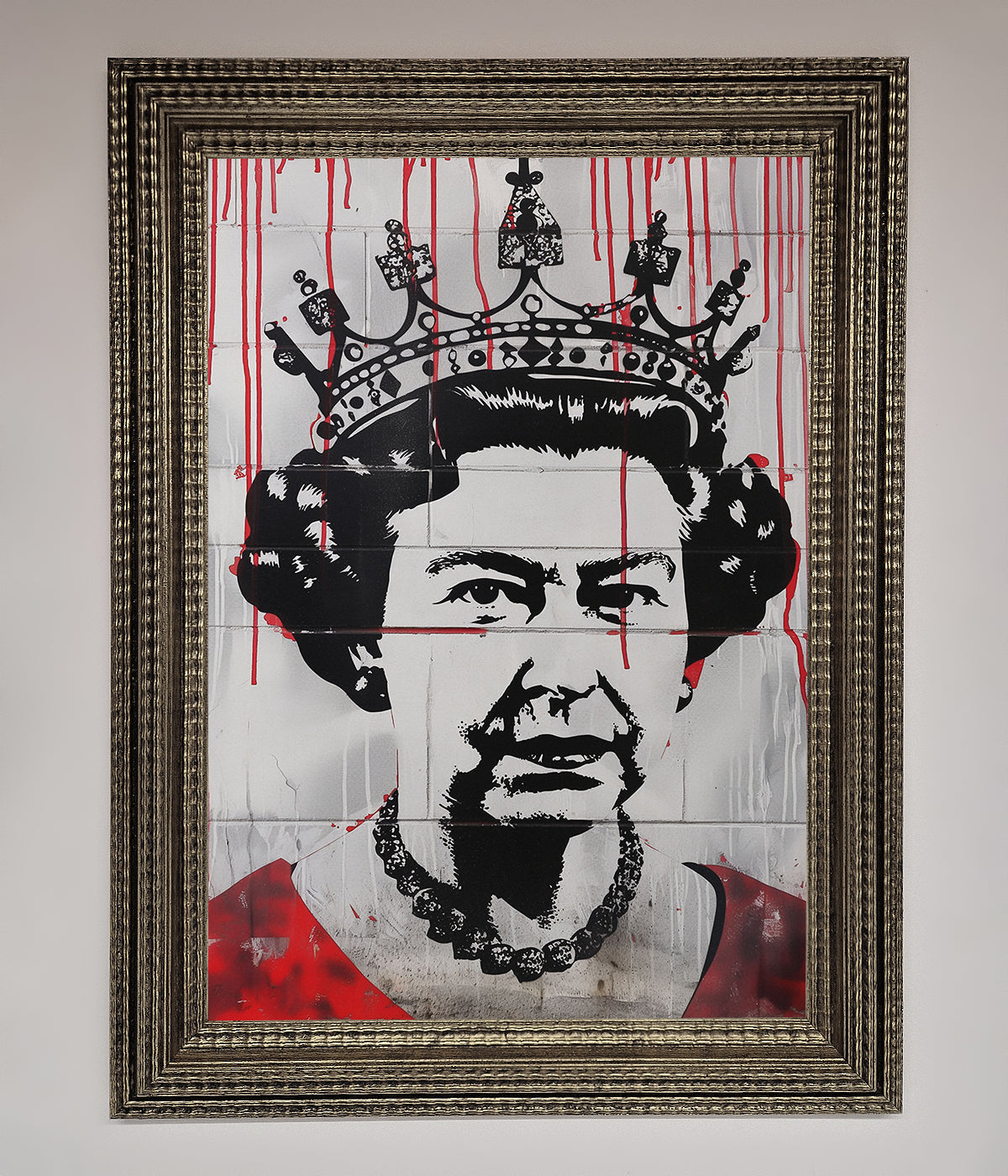 Queen Elizabeth graffiti red blood framed poster blending royal elegance with urban street art.