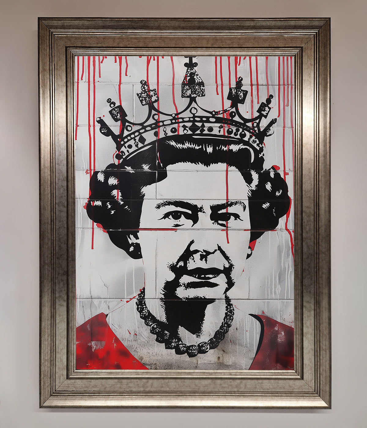 Queen Elizabeth graffiti red blood framed poster with urban street art style.