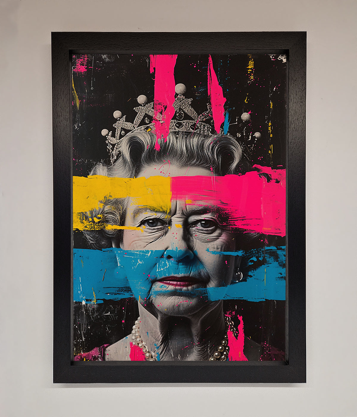 Queen Elizabeth Paint Splatter Framed Wall Art with colorful abstract accents.