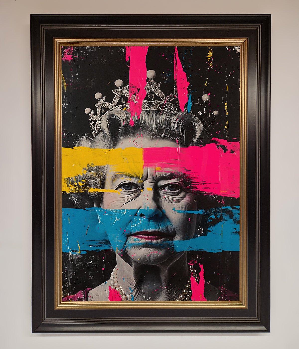 Queen Elizabeth Paint Splatter Framed Wall Art with vibrant colors and modern design.