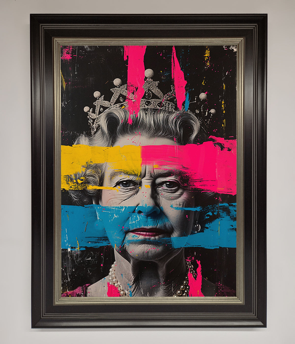 Queen Elizabeth Paint Splatter Framed Wall Art with vibrant colors.