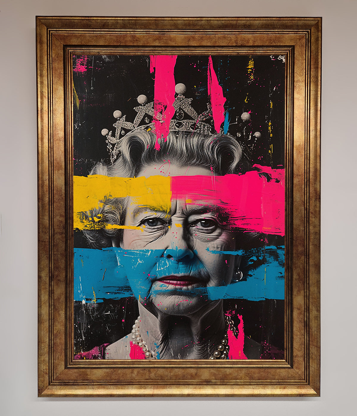 Queen Elizabeth paint splatter framed wall art, vibrant and contemporary.