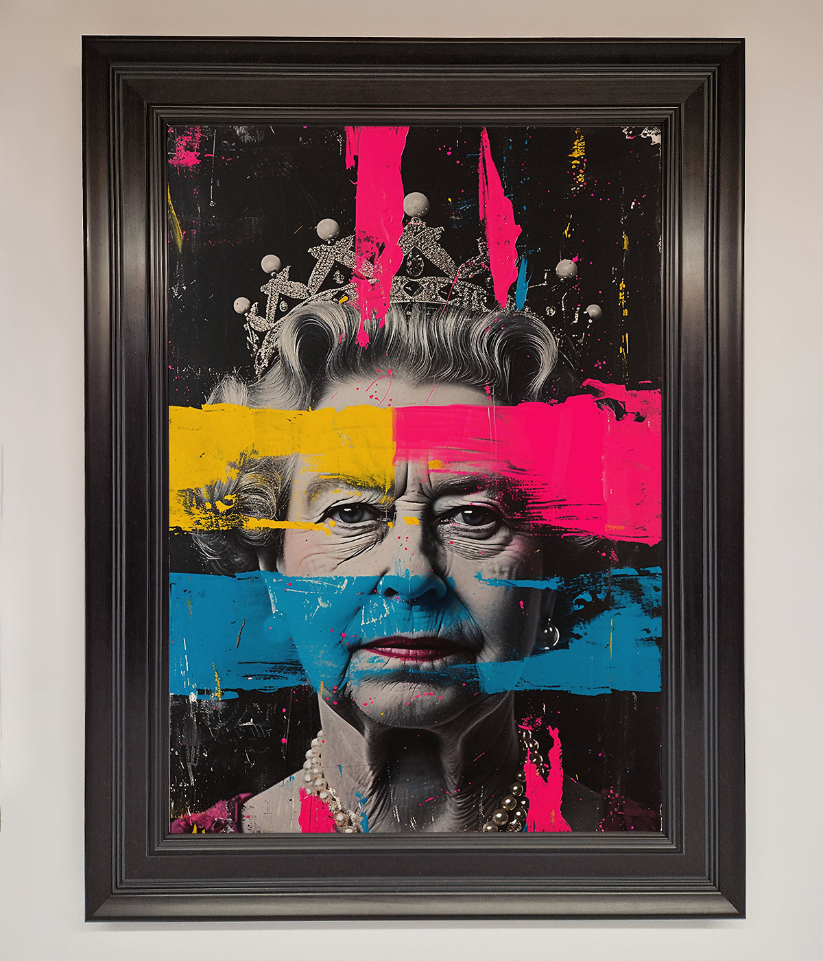 Queen Elizabeth paint splatter framed wall art with vibrant colors.