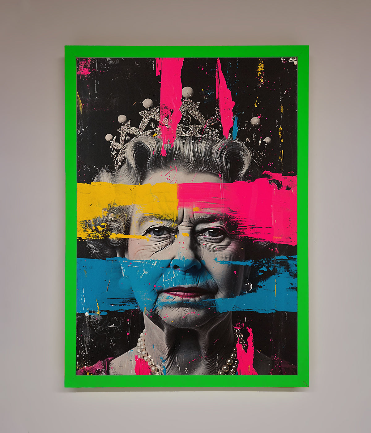 Queen Elizabeth paint splatter wall art with green frame.