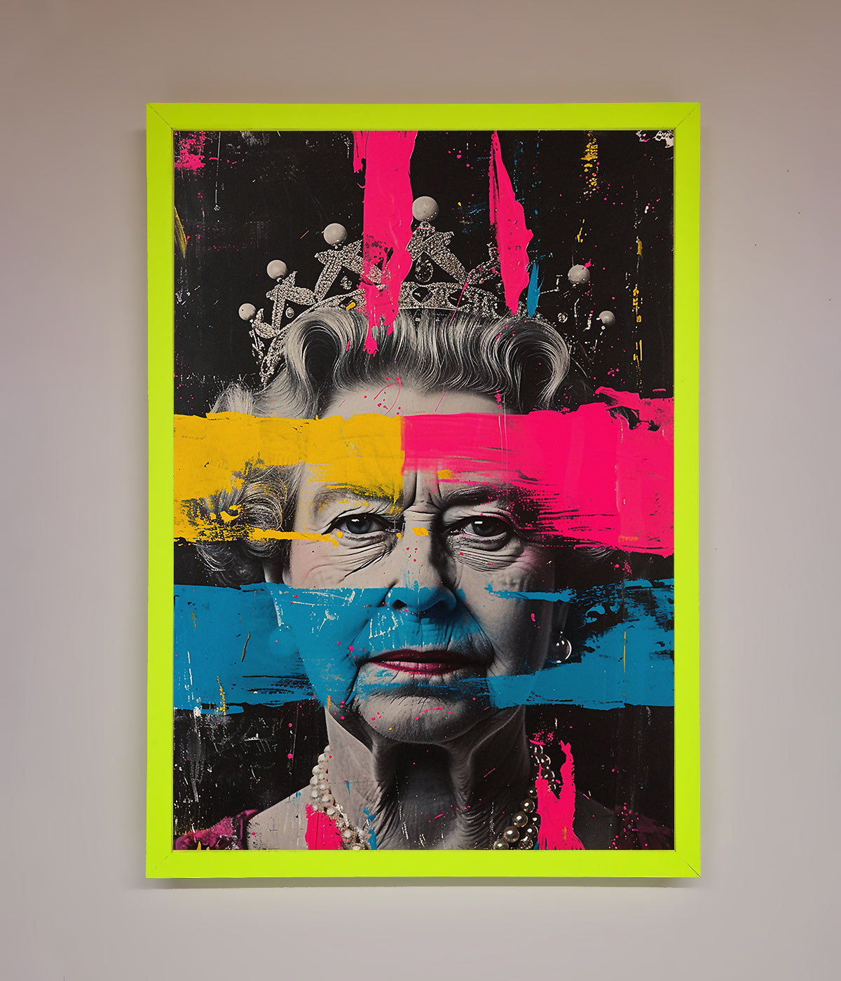 Queen Elizabeth paint splatter wall art with vibrant colors and modern frame.