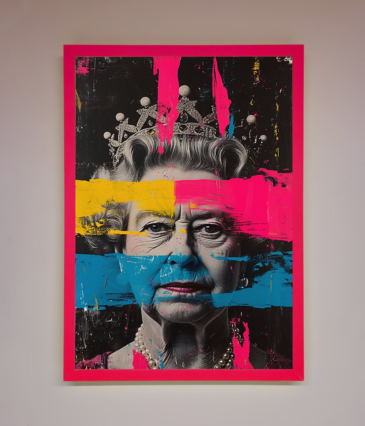 Queen Elizabeth paint splatter framed wall art, vibrant and colorful design.