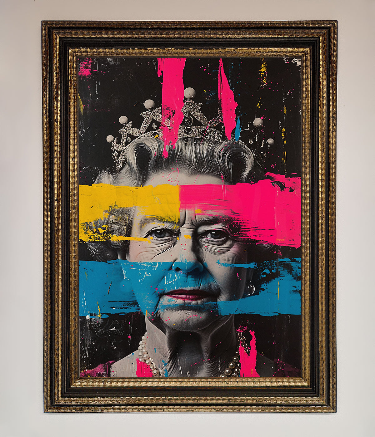 Queen Elizabeth Paint Splatter framed wall art with vibrant colors and modern design.