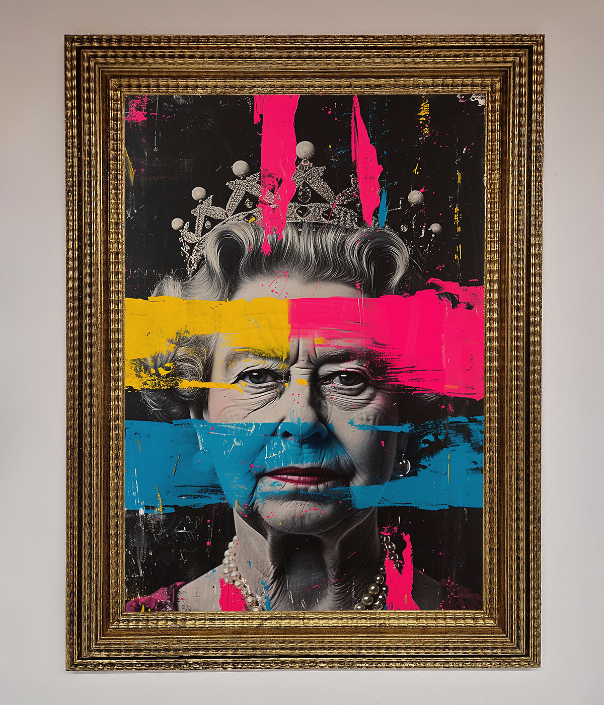 Queen Elizabeth paint splatter framed wall art, vibrant and elegant decor piece.