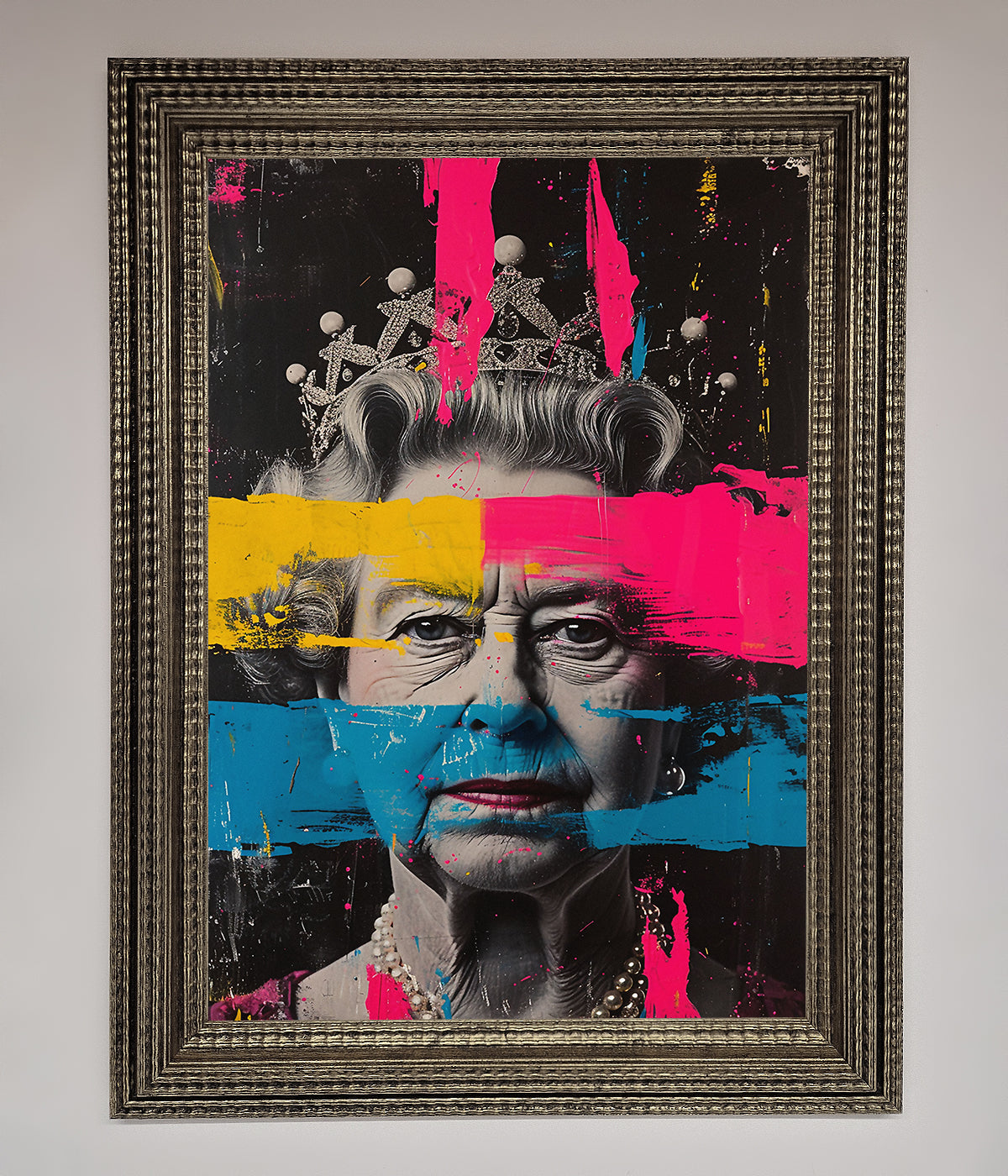 Queen Elizabeth paint splatter framed wall art, vibrant and modern.