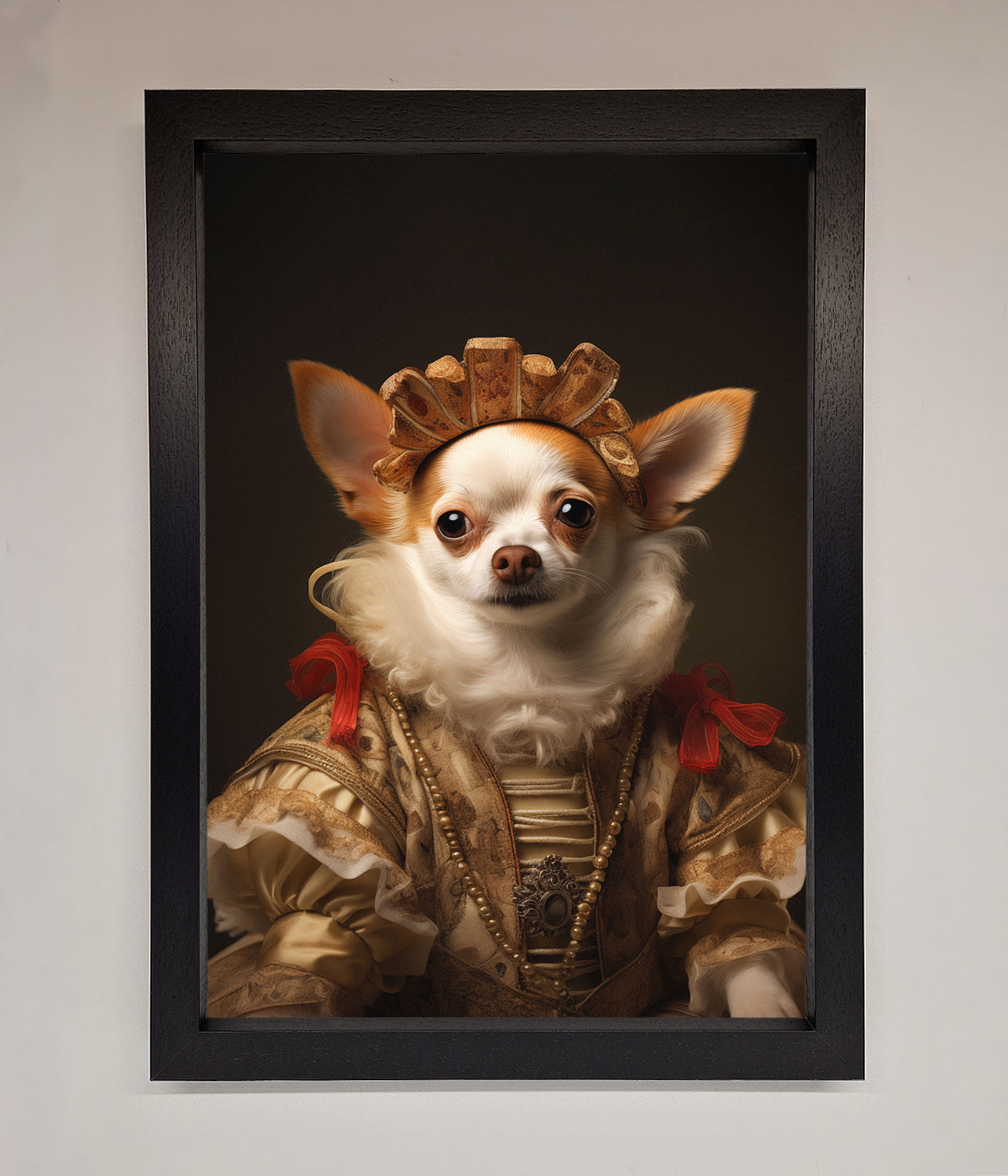 Renaissance Chihuahua Framed Print featuring whimsical dog portrait in period costume.