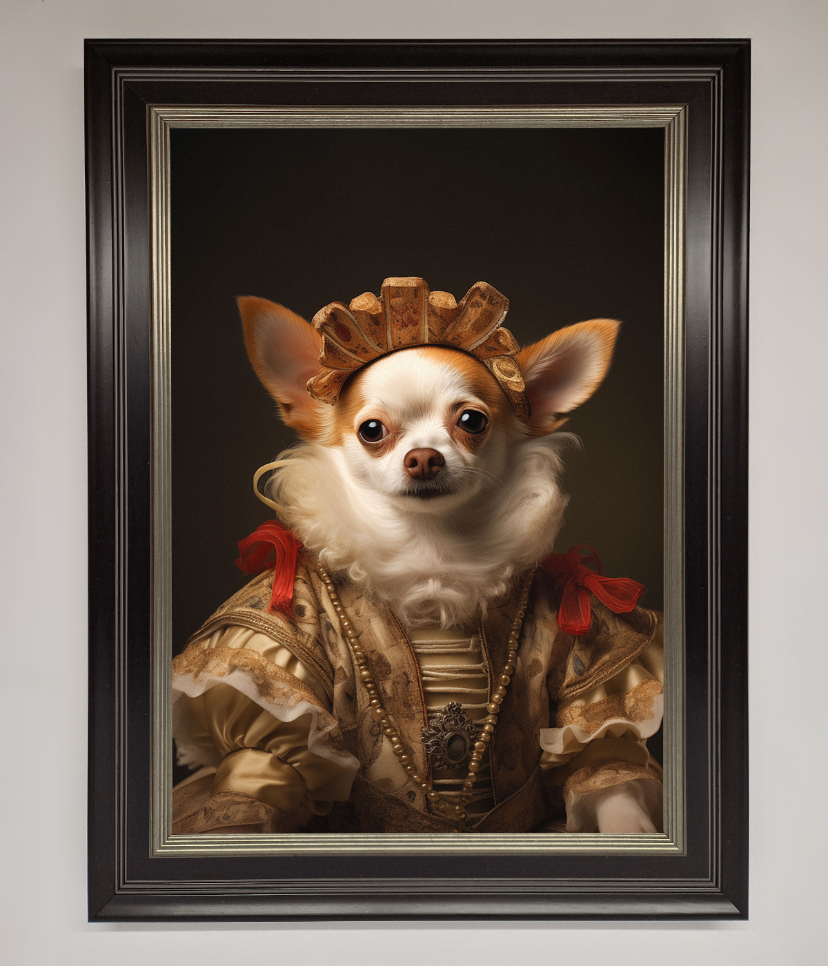 Renaissance Chihuahua Framed Print displaying a regal Chihuahua in period attire.