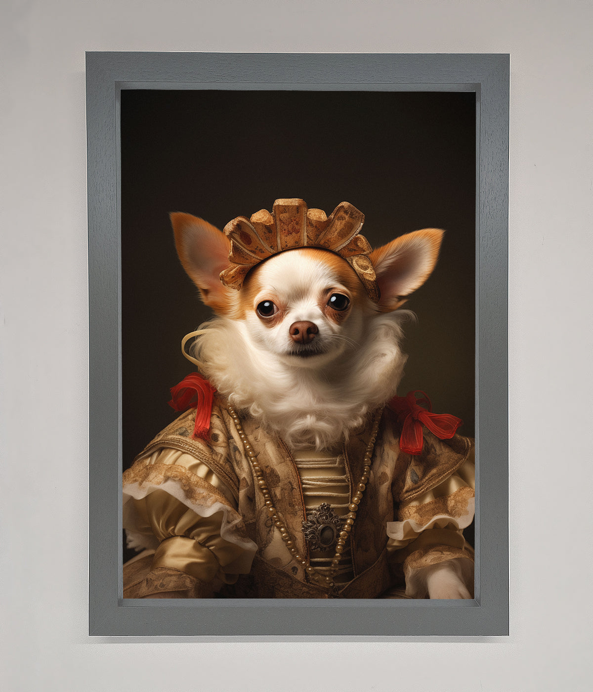 Renaissance Chihuahua Framed Print featuring a chihuahua in regal attire.