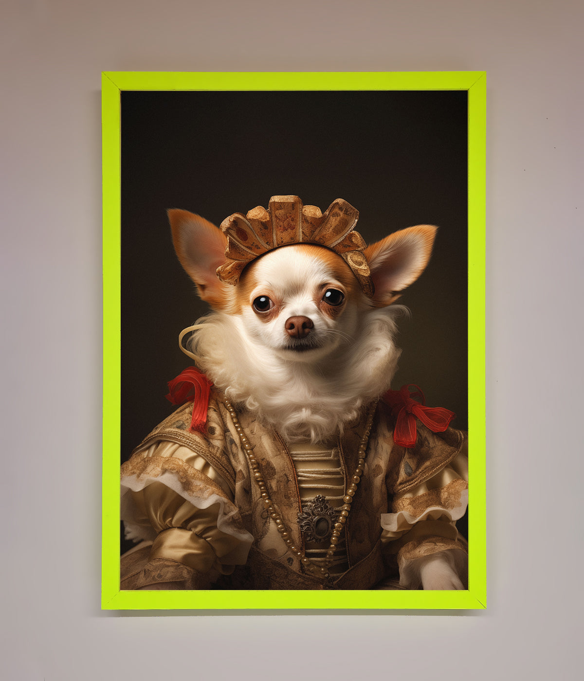 Renaissance Chihuahua framed print with ornate detailing.