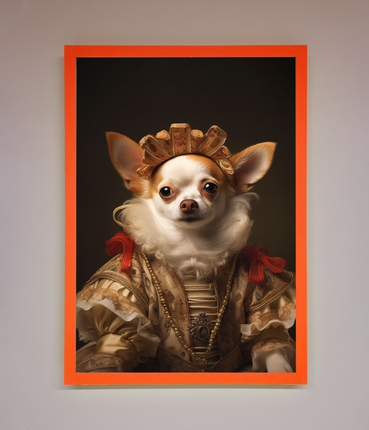 Renaissance Chihuahua artwork in a vibrant orange frame.