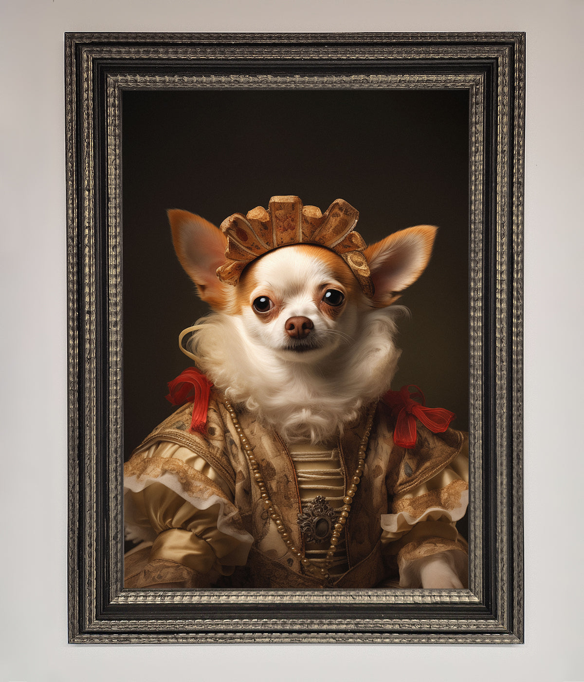 Renaissance Chihuahua Framed Print featuring a chihuahua in royal attire.