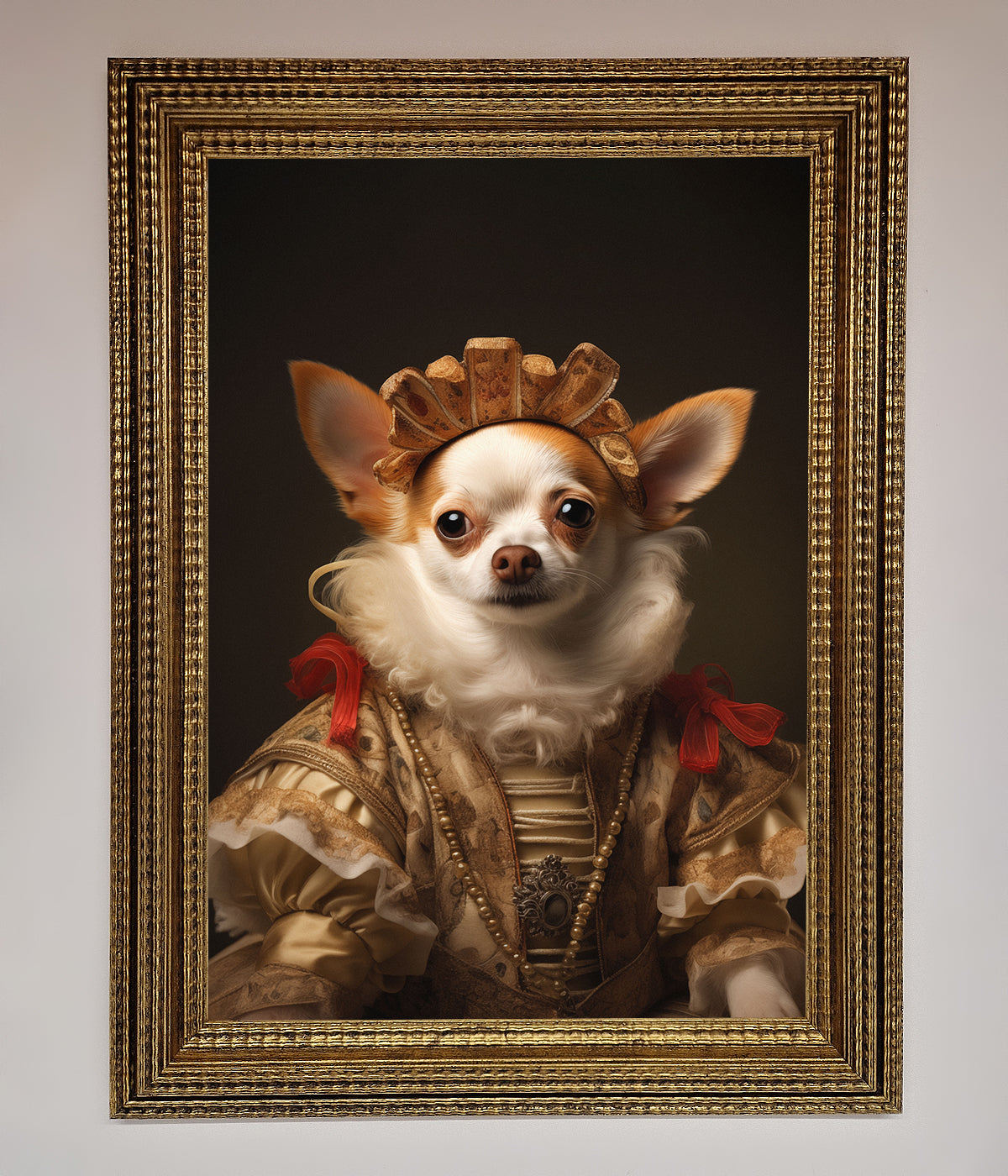 Renaissance Chihuahua framed print featuring a chihuahua in regal attire.