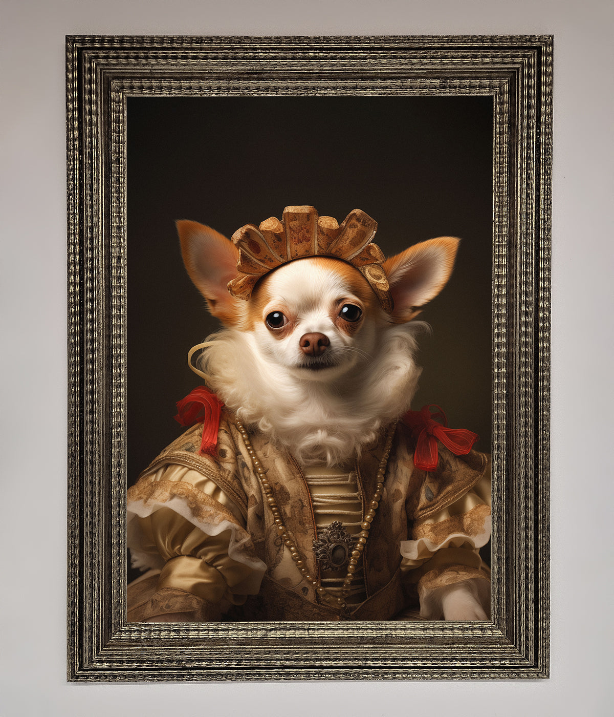 Renaissance Chihuahua Framed Print featuring a regal canine dressed in period attire.