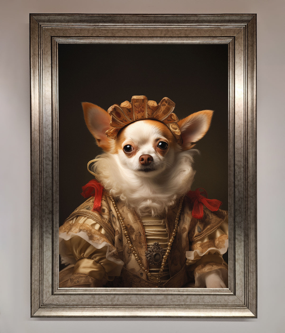 Renaissance Chihuahua framed print with ornate attire.