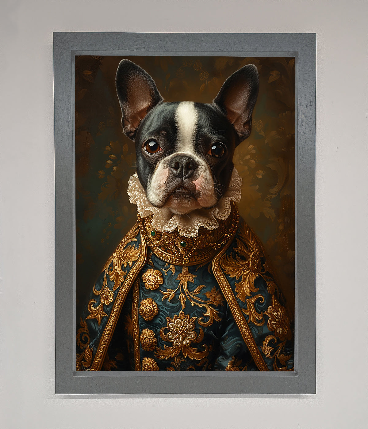 Renaissance French Bulldog Framed Print with elegant design and classic art style.