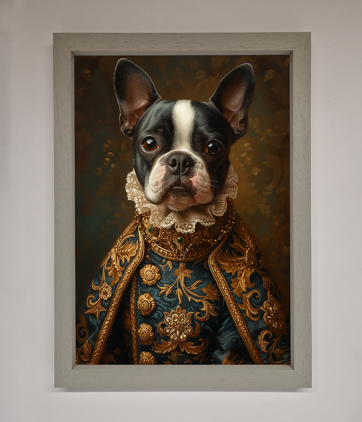 Renaissance French Bulldog in ornate costume framed print.