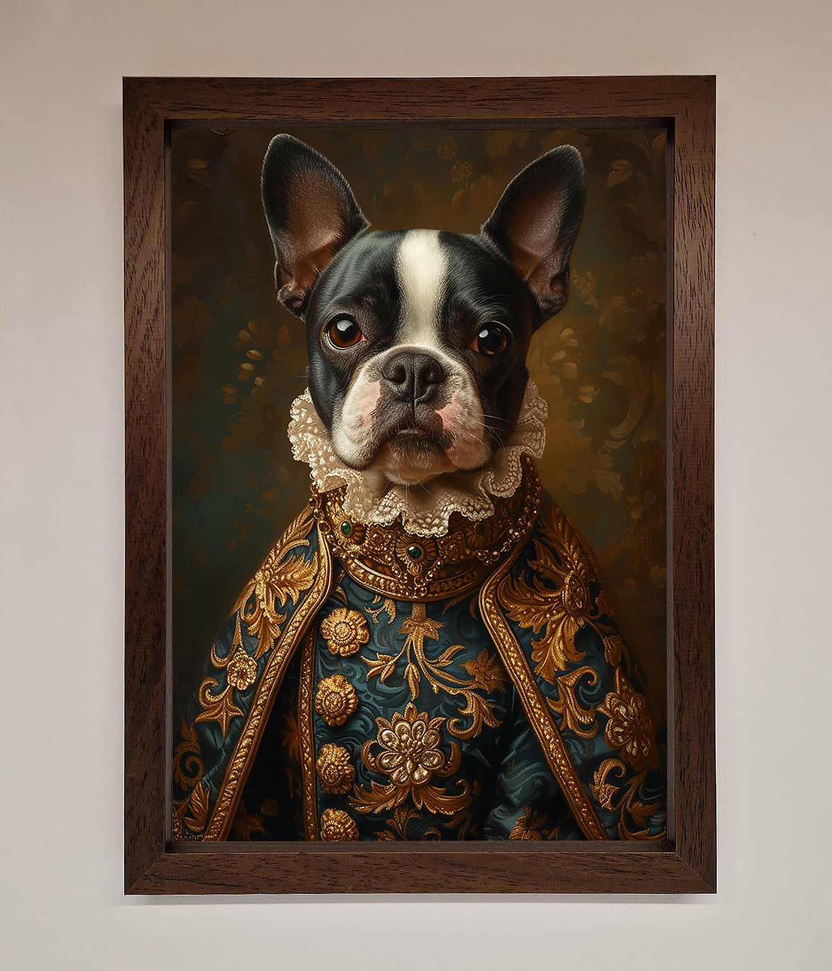 Renaissance French Bulldog framed print with elegant classic art design.