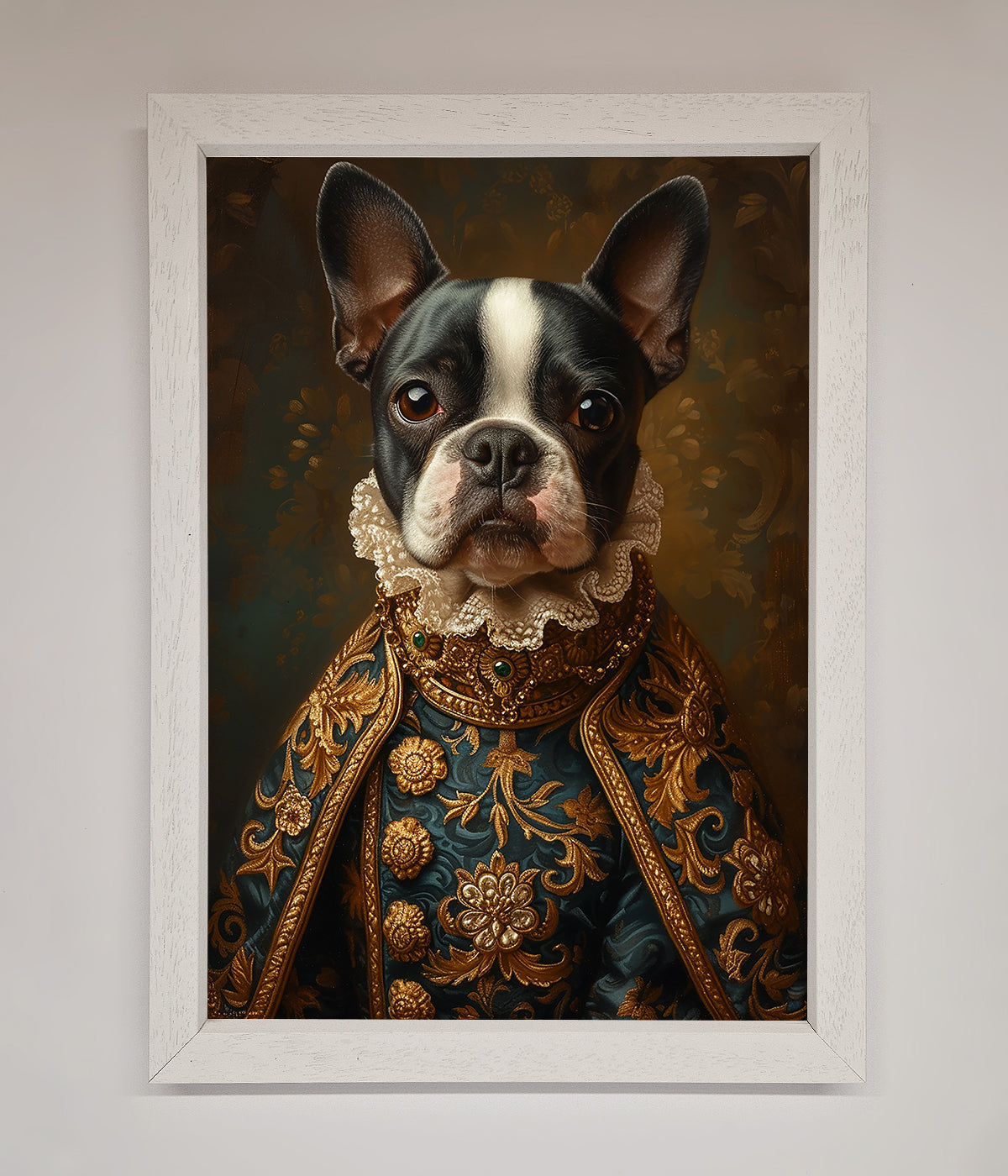 Renaissance French Bulldog framed print with elegant design.